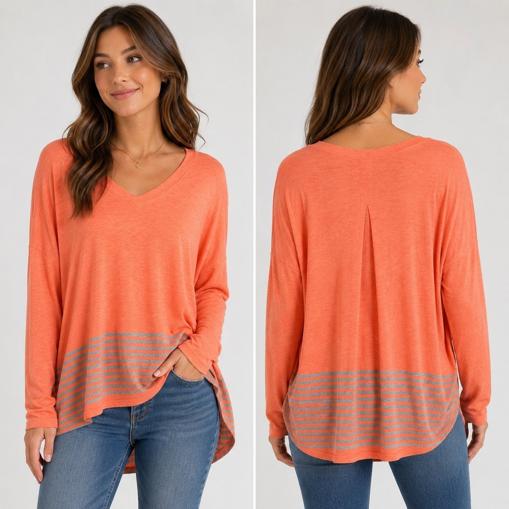 Cabi Hangout Tee Orange Gray Stripe Hem V-Neck Oversized Top Womens Small Hi-Low